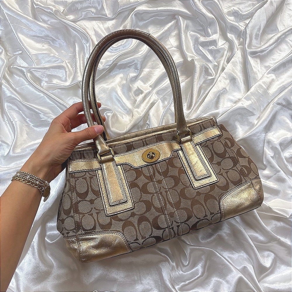 y2k Coach Hampton Satchel Brown Gold Good Signature Canvas Metallic Bag 11062